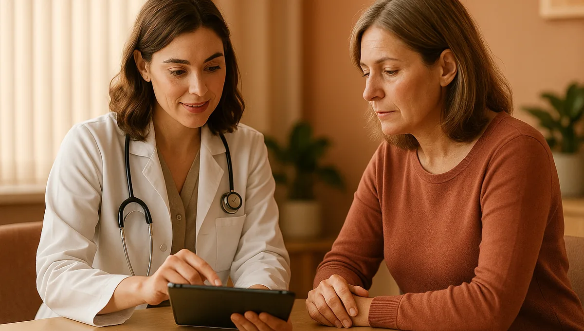 Médica em consulta explicando procedimento para paciente